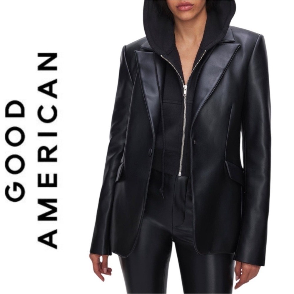 Good American Black Faux Leather Sculpted Blazer, Zipper detail on arms, size 2